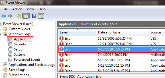 Windows Event log med fejl