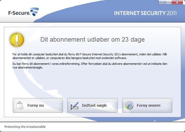 F-Secure antivirus skal opdateres efter licens udlÃ¸b